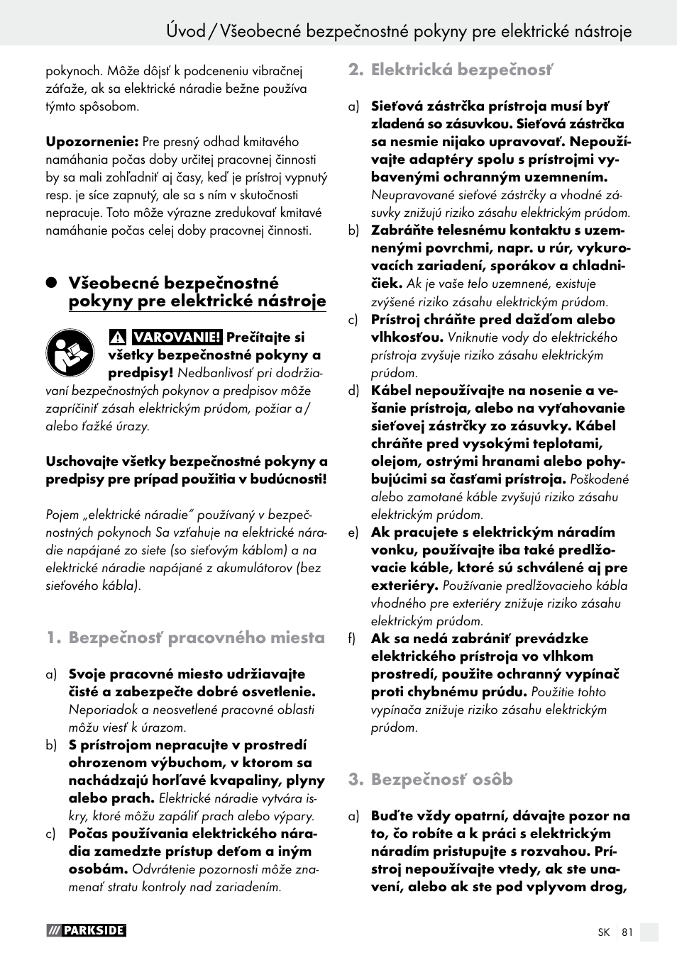 Bezpečnosť pracovného miesta, Elektrická bezpečnosť, Bezpečnosť osôb | Parkside PWS 125 A1 User Manual | Page 81 / 108