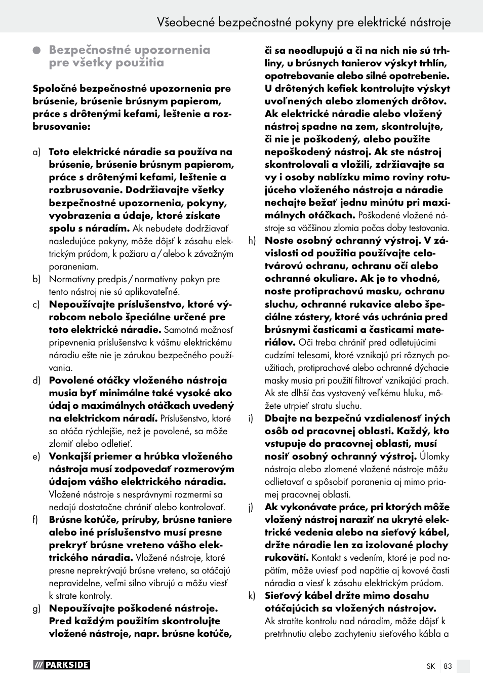Bezpečnostné upozornenia pre všetky použitia | Parkside PWS 125 A1 User Manual | Page 83 / 108
