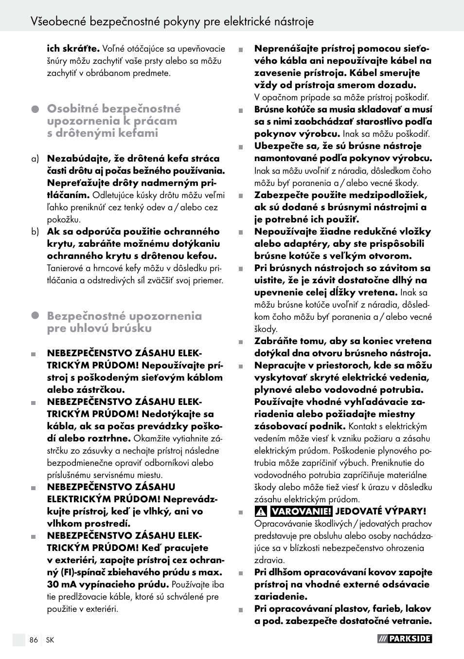 Bezpečnostné upozornenia pre uhlovú brúsku | Parkside PWS 125 A1 User Manual | Page 86 / 108