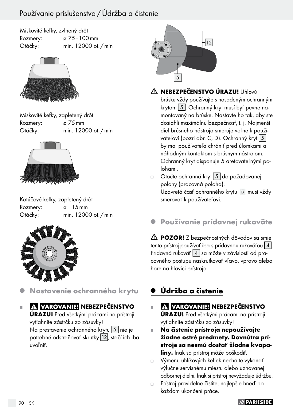Nastavenie ochranného krytu, Používanie prídavnej rukoväte, Údržba a čistenie | Parkside PWS 125 A1 User Manual | Page 90 / 108