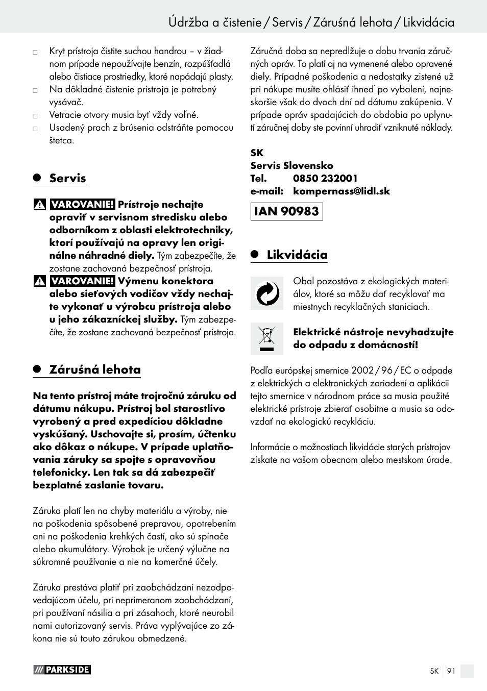 Servis, Záruśná lehota, Likvidácia | Parkside PWS 125 A1 User Manual | Page 91 / 108