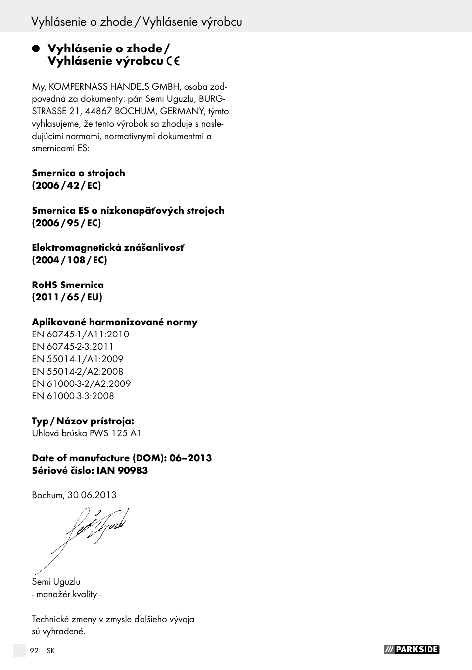 Vyhlásenie o zhode / vyhlásenie výrobcu | Parkside PWS 125 A1 User Manual | Page 92 / 108