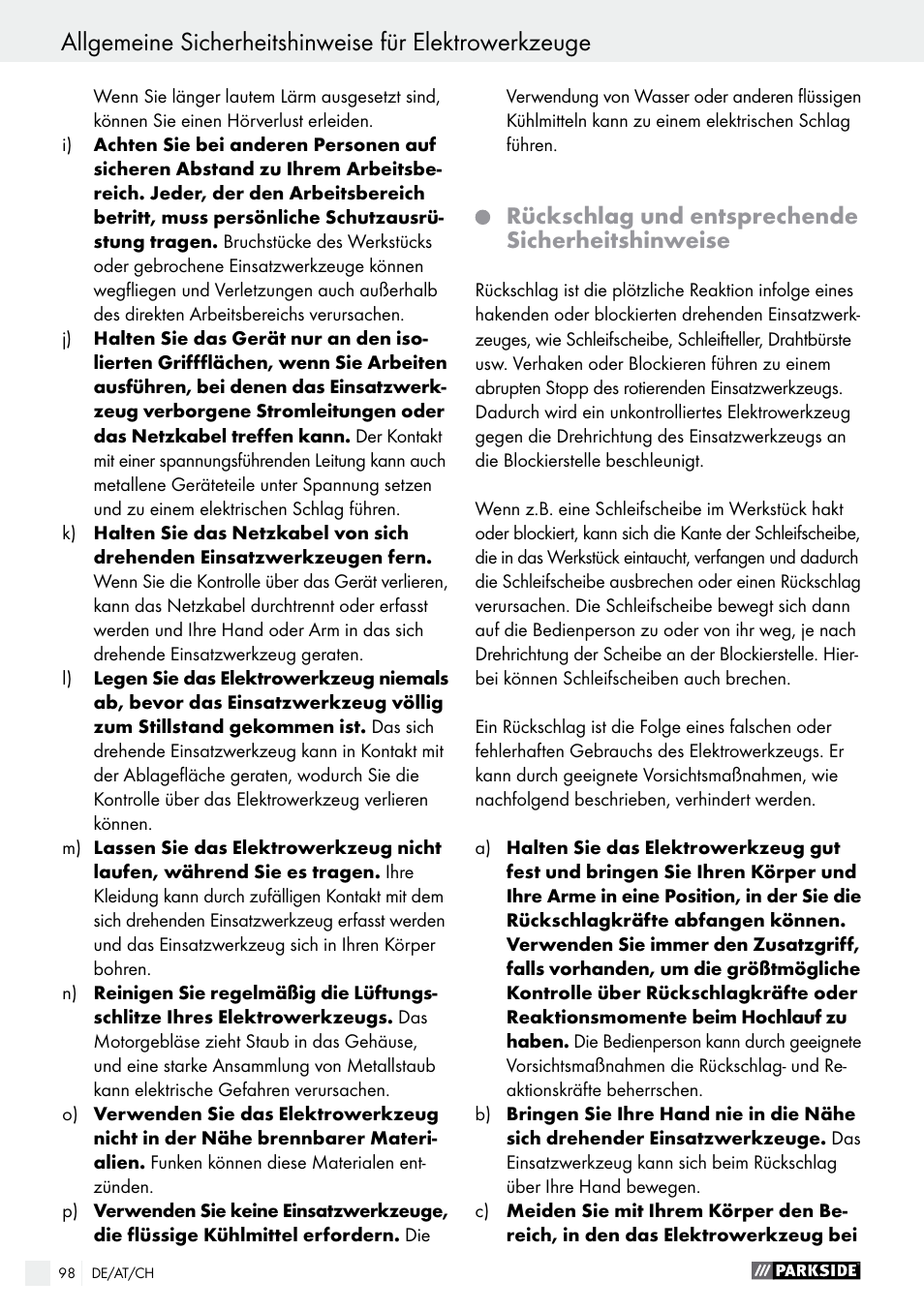 Rückschlag und entsprechende sicherheitshinweise | Parkside PWS 125 A1 User Manual | Page 98 / 108