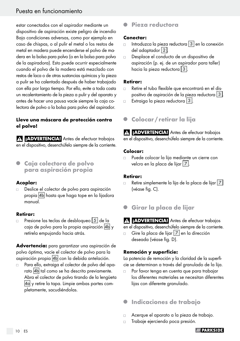 Puesta en funcionamiento, Caja colectora de polvo para aspiración propia, Pieza reductora | Colocar / retirar la lija, Girar la placa de lijar, Indicaciones de trabajo | Parkside PHS 160 B2 User Manual | Page 10 / 37