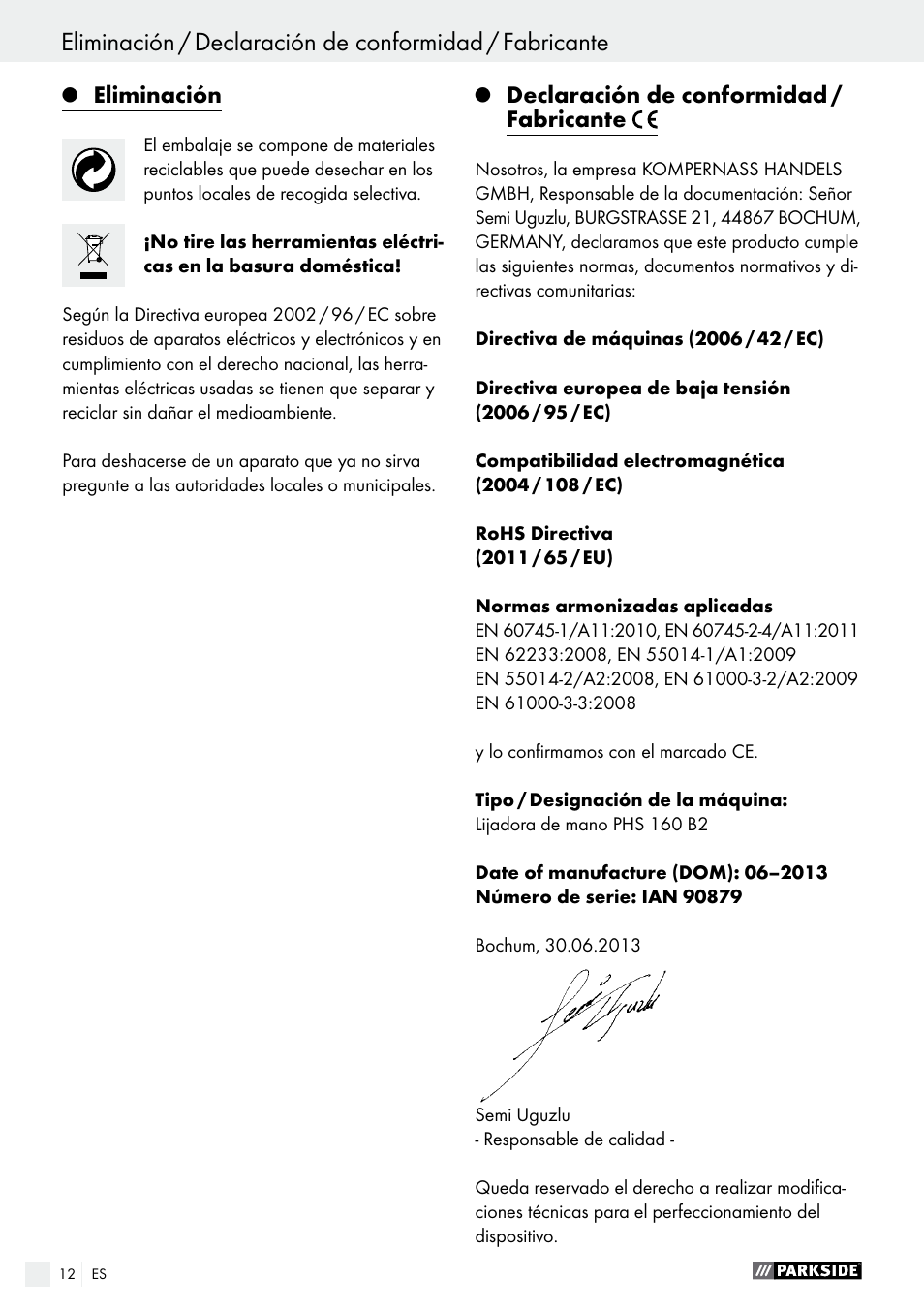 Indice, Eliminación, Declaración de conformidad / fabricante | Parkside PHS 160 B2 User Manual | Page 12 / 37