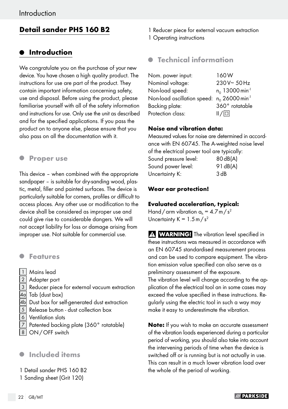 Detail sander phs 160 b2, Introduction, Proper use | Features, Included items, Technical information | Parkside PHS 160 B2 User Manual | Page 22 / 37