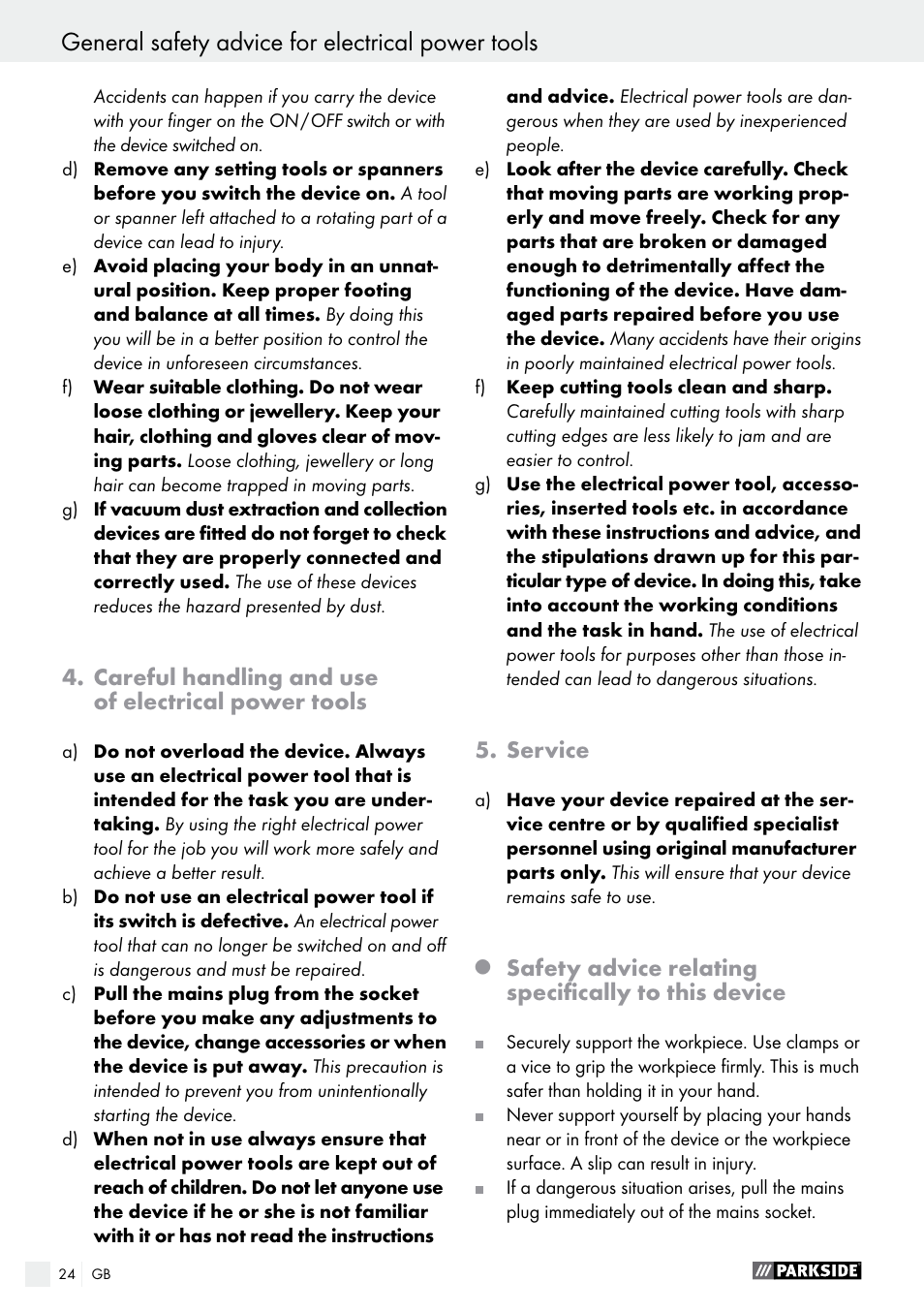 Careful handling and use of electrical power tools, Service, Safety advice relating specifically to this device | Parkside PHS 160 B2 User Manual | Page 24 / 29