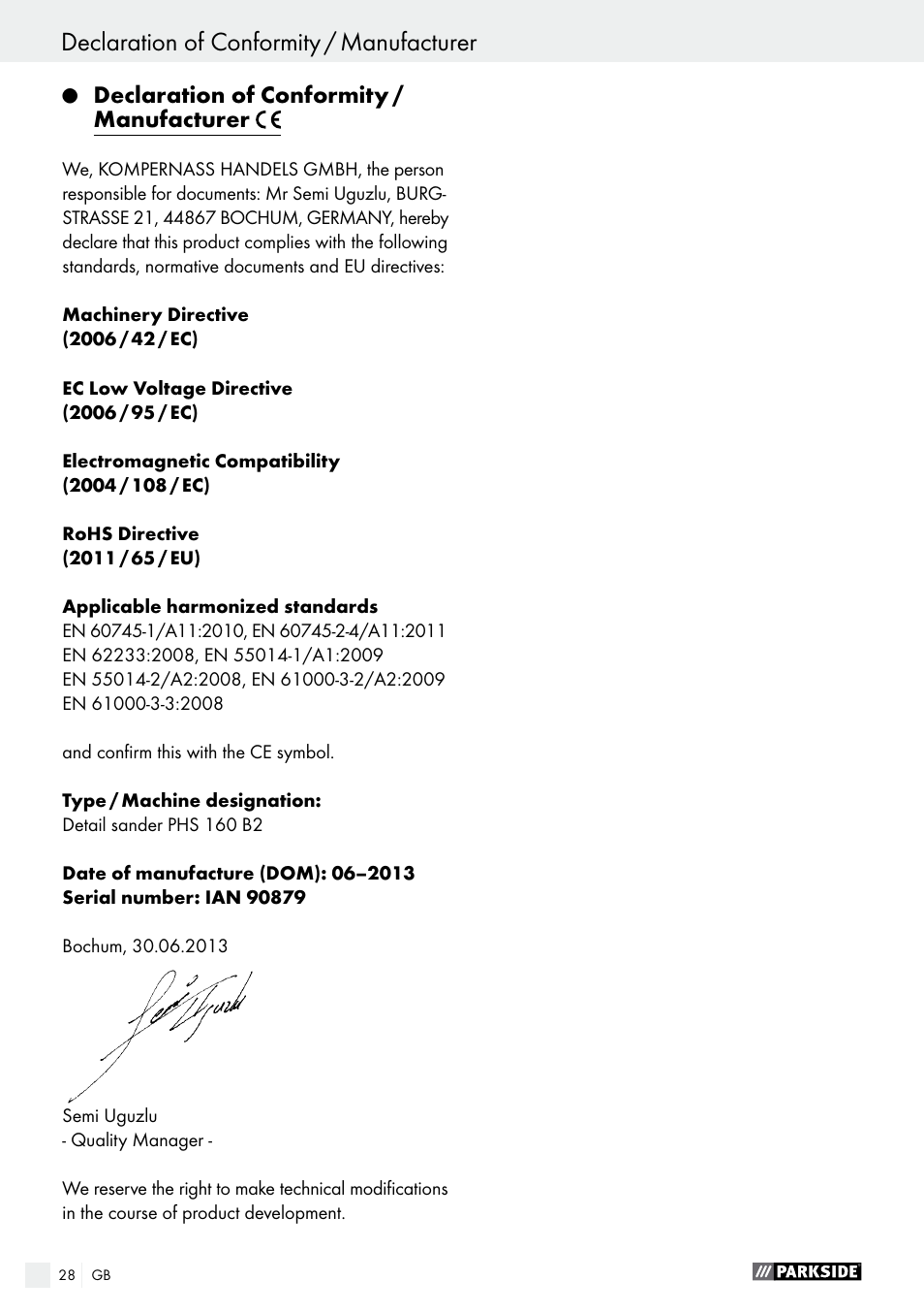 Declaration of conformity / manufacturer | Parkside PHS 160 B2 User Manual | Page 28 / 29