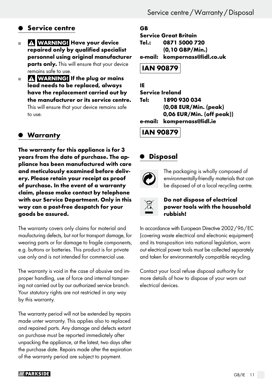 Service centre, Warranty, Disposal | Parkside PHS 160 B2 User Manual | Page 11 / 61