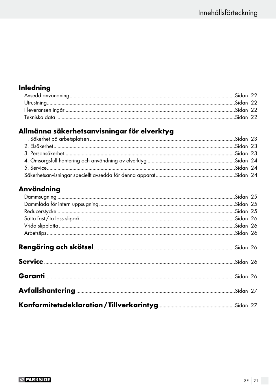 Innehållsförteckning | Parkside PHS 160 B2 User Manual | Page 21 / 61