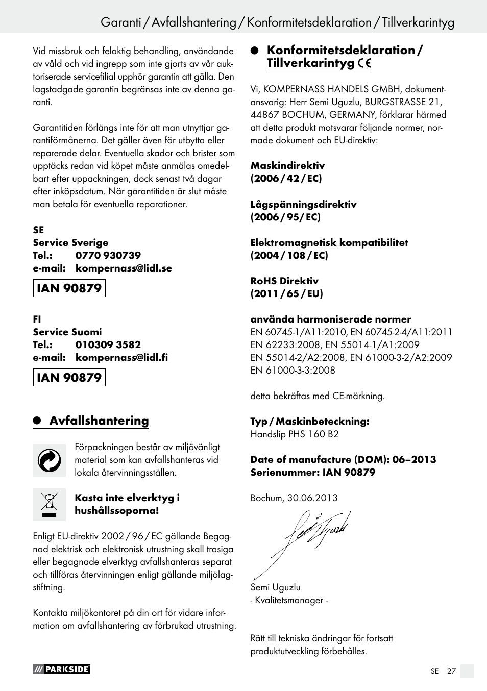 Avfallshantering, Konformitetsdeklaration / tillverkarintyg | Parkside PHS 160 B2 User Manual | Page 27 / 61