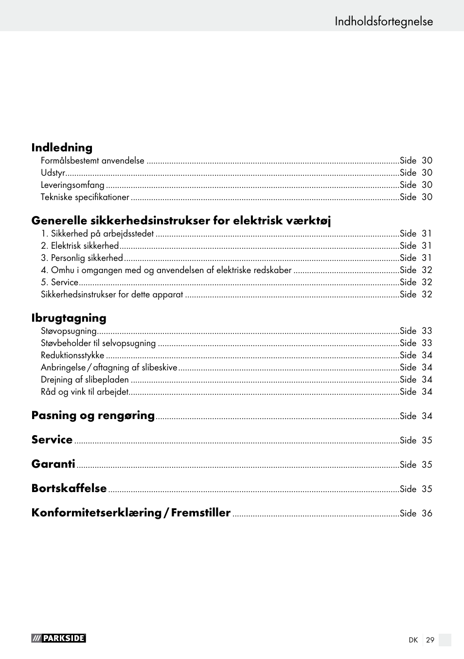 Indholdsfortegnelse | Parkside PHS 160 B2 User Manual | Page 29 / 61