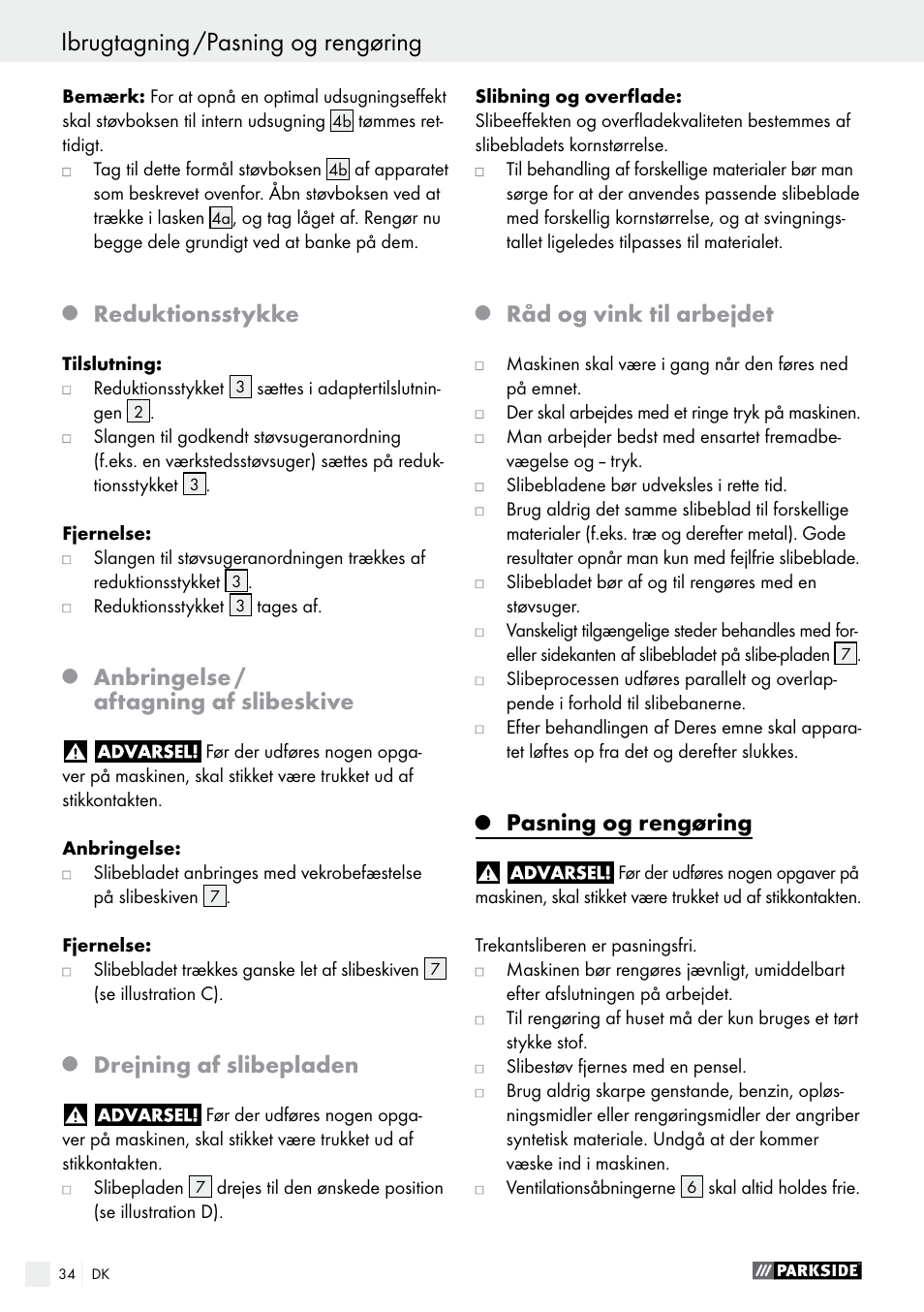 Reduktionsstykke, Anbringelse / aftagning af slibeskive, Drejning af slibepladen | Råd og vink til arbejdet, Pasning og rengøring | Parkside PHS 160 B2 User Manual | Page 34 / 61