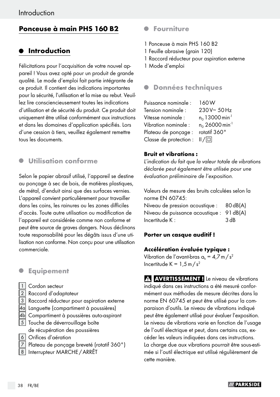 Ponceuse à main phs 160 b2, Introduction, Utilisation conforme | Equipement, Fourniture, Données techniques | Parkside PHS 160 B2 User Manual | Page 38 / 61