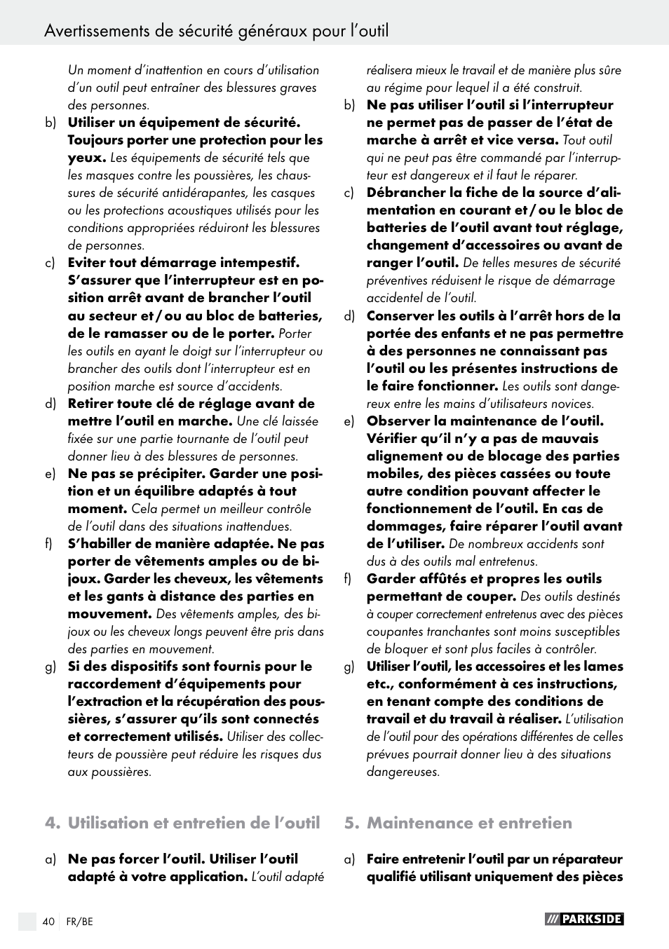 Utilisation et entretien de l’outil, Maintenance et entretien | Parkside PHS 160 B2 User Manual | Page 40 / 61