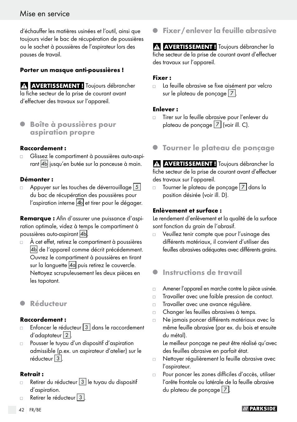 Boîte à poussières pour aspiration propre, Réducteur, Fixer / enlever la feuille abrasive | Tourner le plateau de ponçage, Instructions de travail | Parkside PHS 160 B2 User Manual | Page 42 / 61