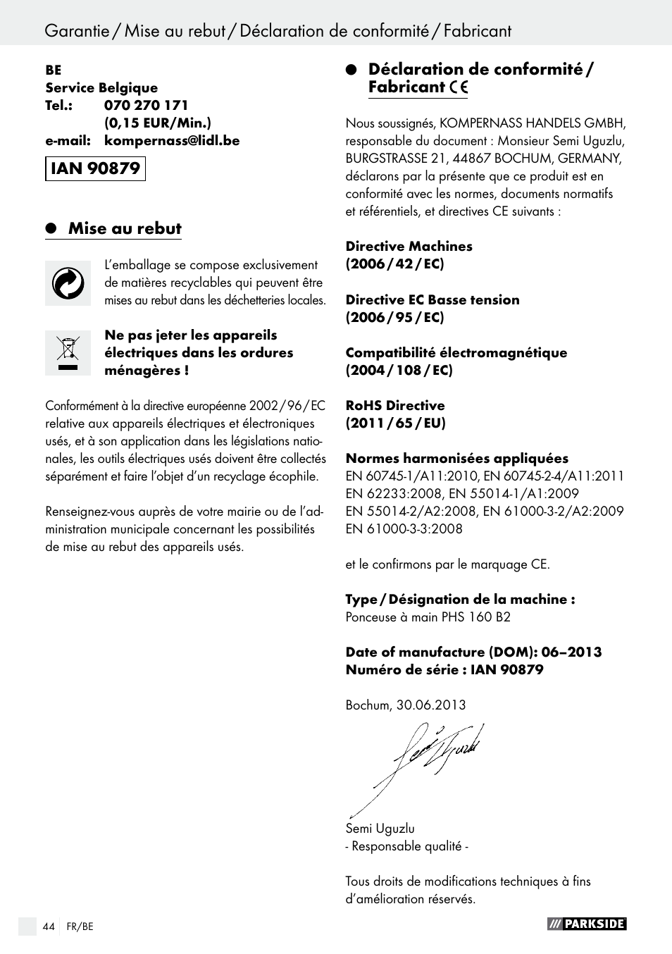 Mise au rebut, Déclaration de conformité / fabricant | Parkside PHS 160 B2 User Manual | Page 44 / 61