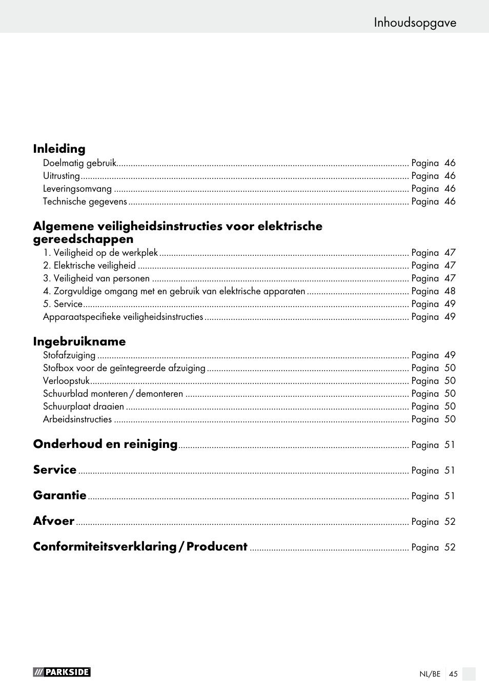 Inhoudsopgave | Parkside PHS 160 B2 User Manual | Page 45 / 61