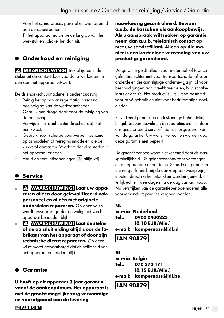 Onderhoud en reiniging, Service, Garantie | Parkside PHS 160 B2 User Manual | Page 51 / 61