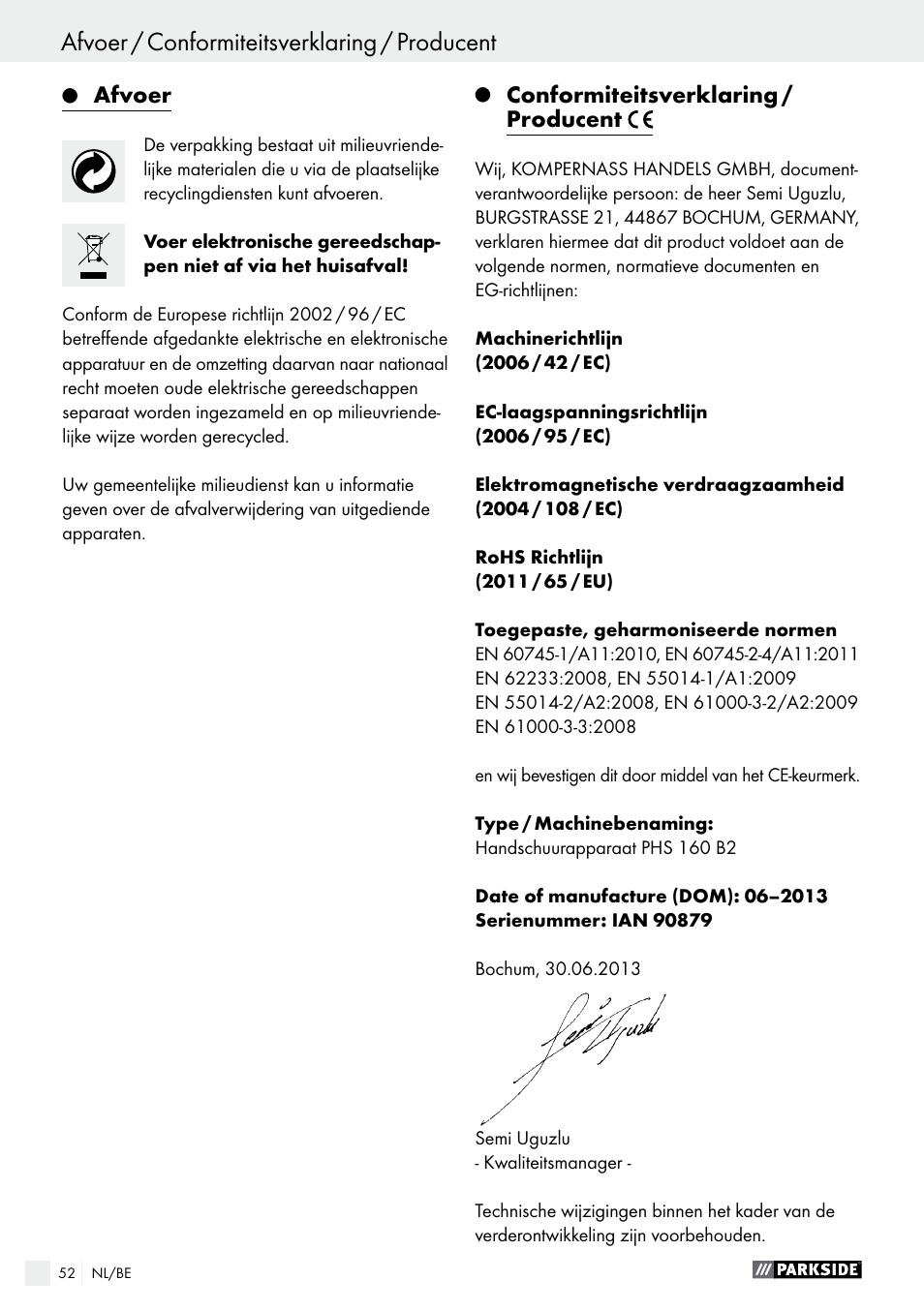 Afvoer, Conformiteitsverklaring / producent | Parkside PHS 160 B2 User Manual | Page 52 / 61