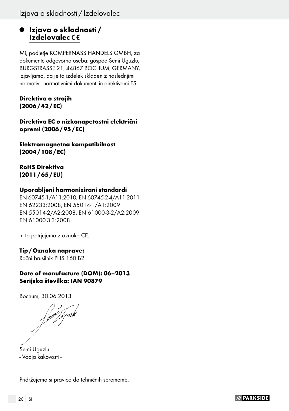 Izjava o skladnosti / izdelovalec garancijski list | Parkside PHS 160 B2 User Manual | Page 28 / 55