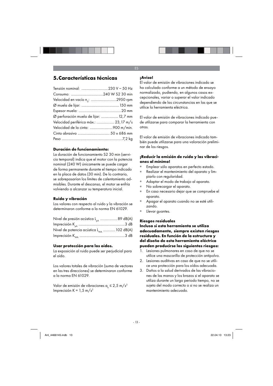 Características técnicas | Parkside PSDS 240 A1 User Manual | Page 13 / 74