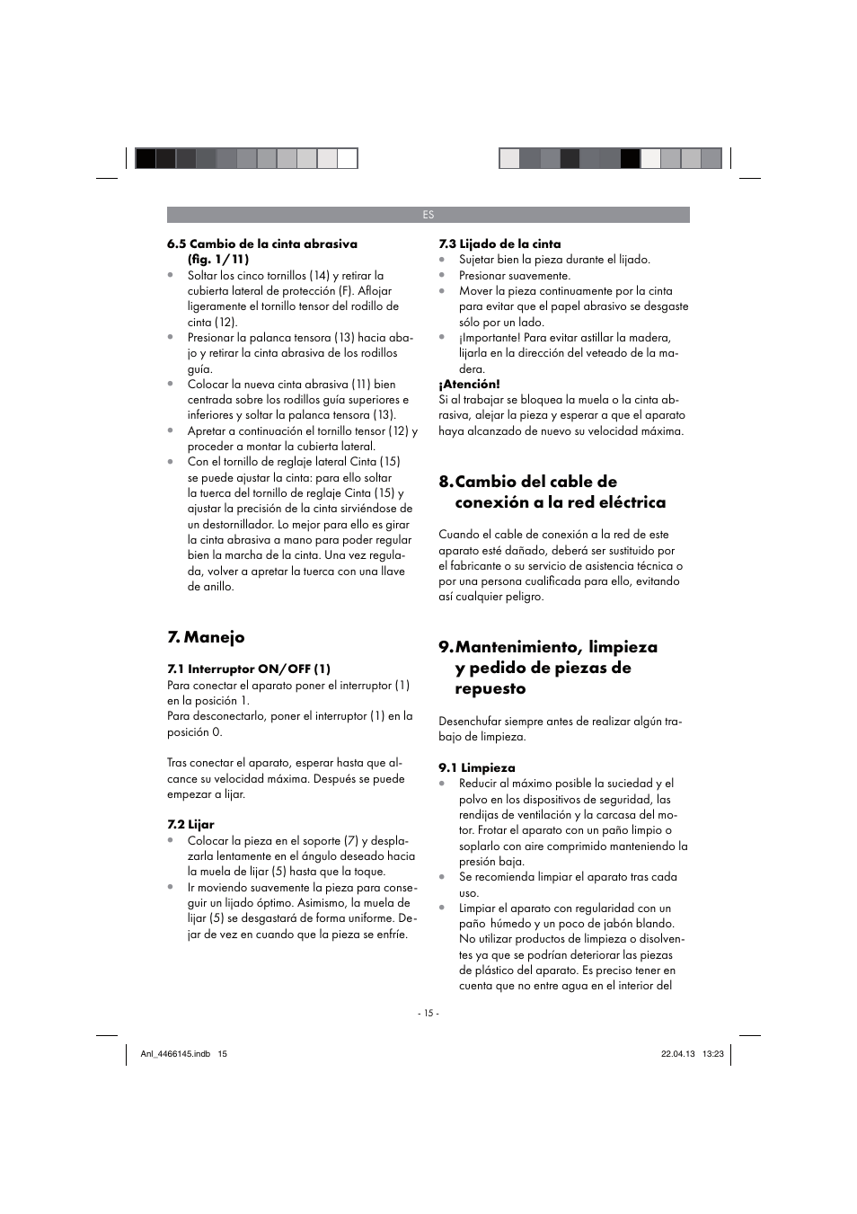 Manejo, Cambio del cable de conexión a la red eléctrica | Parkside PSDS 240 A1 User Manual | Page 15 / 74