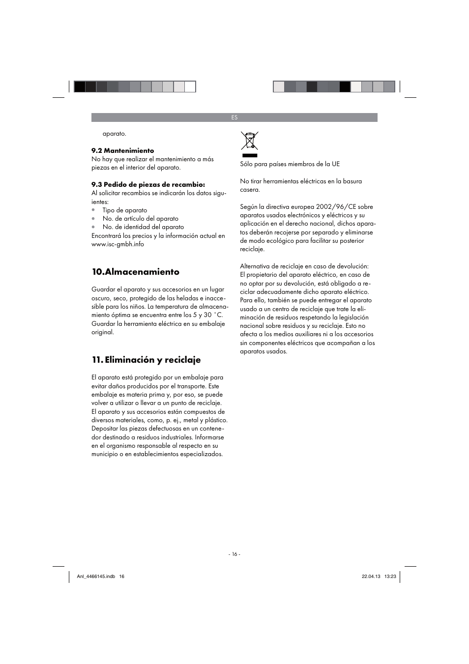 Almacenamiento, Eliminación y reciclaje | Parkside PSDS 240 A1 User Manual | Page 16 / 74