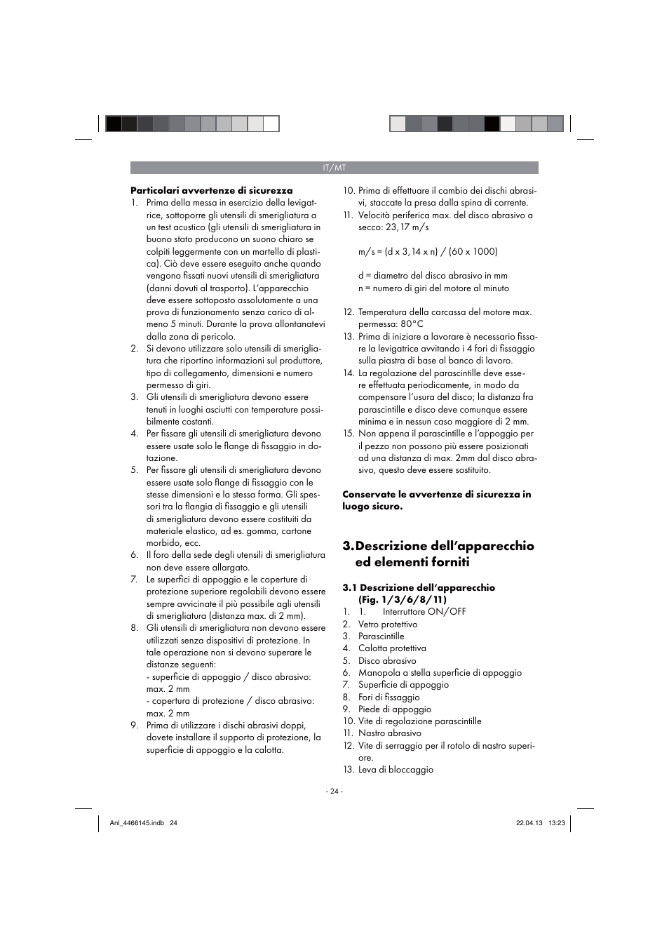 Descrizione dell’apparecchio ed elementi forniti | Parkside PSDS 240 A1 User Manual | Page 24 / 74