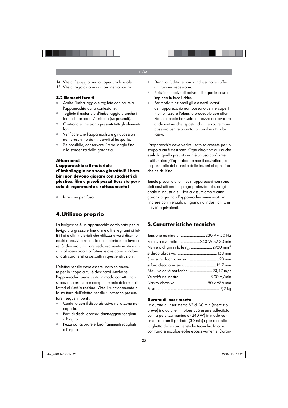 Utilizzo proprio, Caratteristiche tecniche | Parkside PSDS 240 A1 User Manual | Page 25 / 74