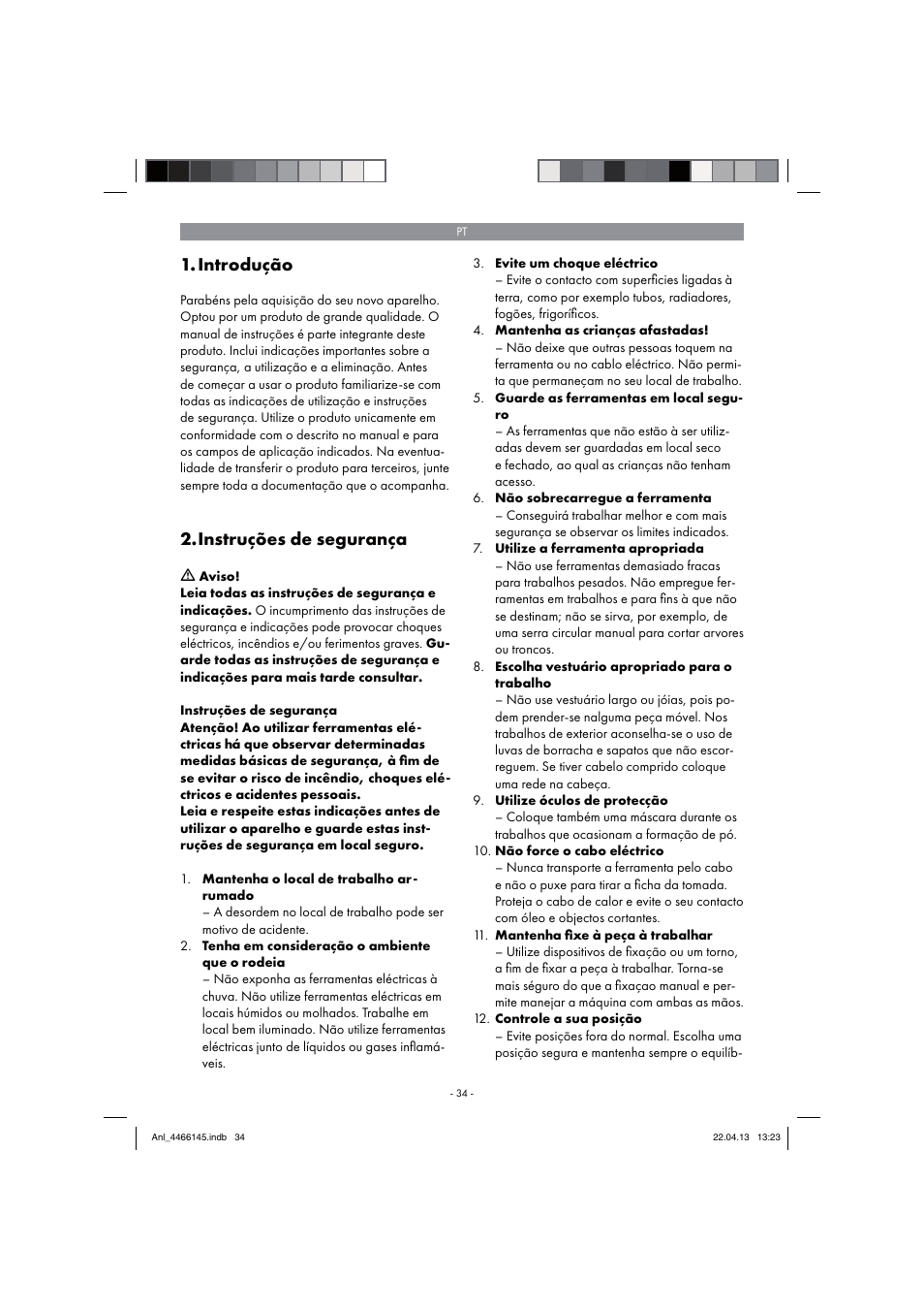 Introdução, Instruções de segurança | Parkside PSDS 240 A1 User Manual | Page 34 / 74