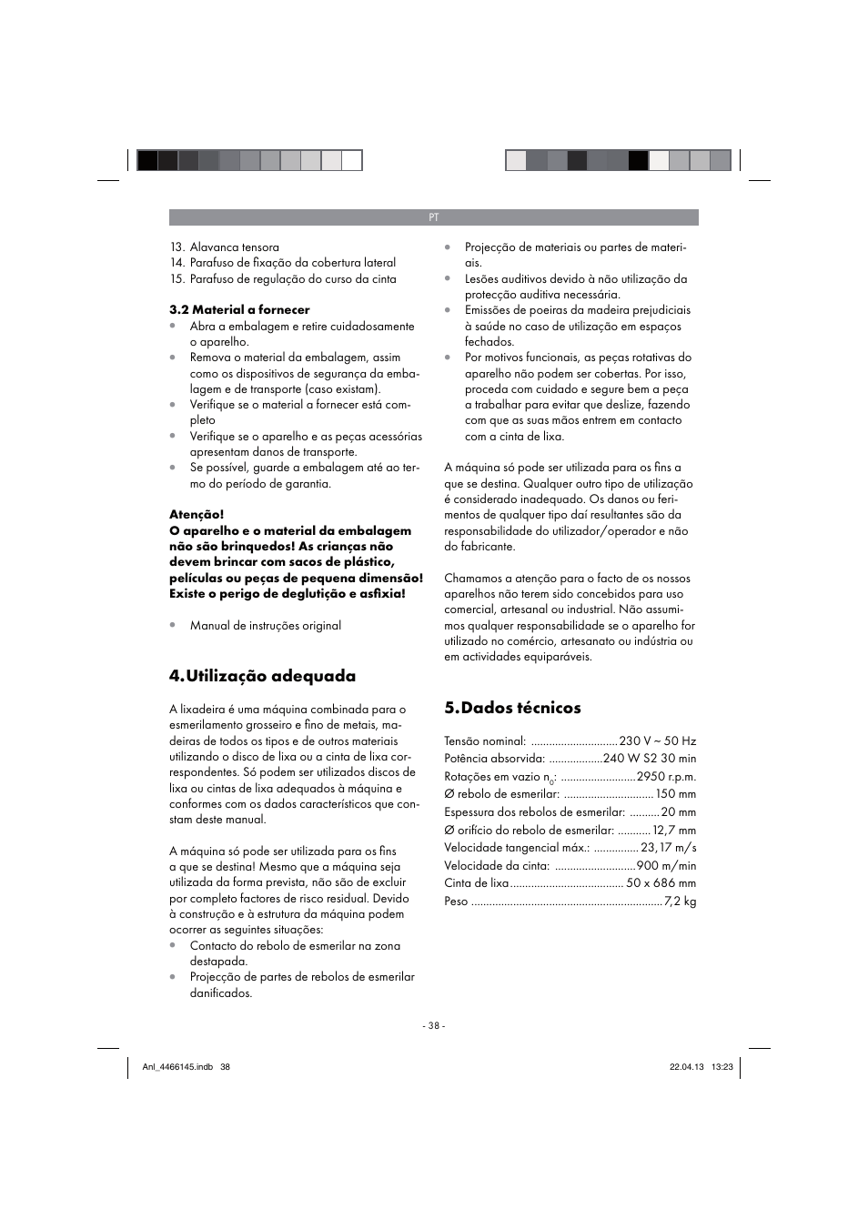 Utilização adequada, Dados técnicos | Parkside PSDS 240 A1 User Manual | Page 38 / 74