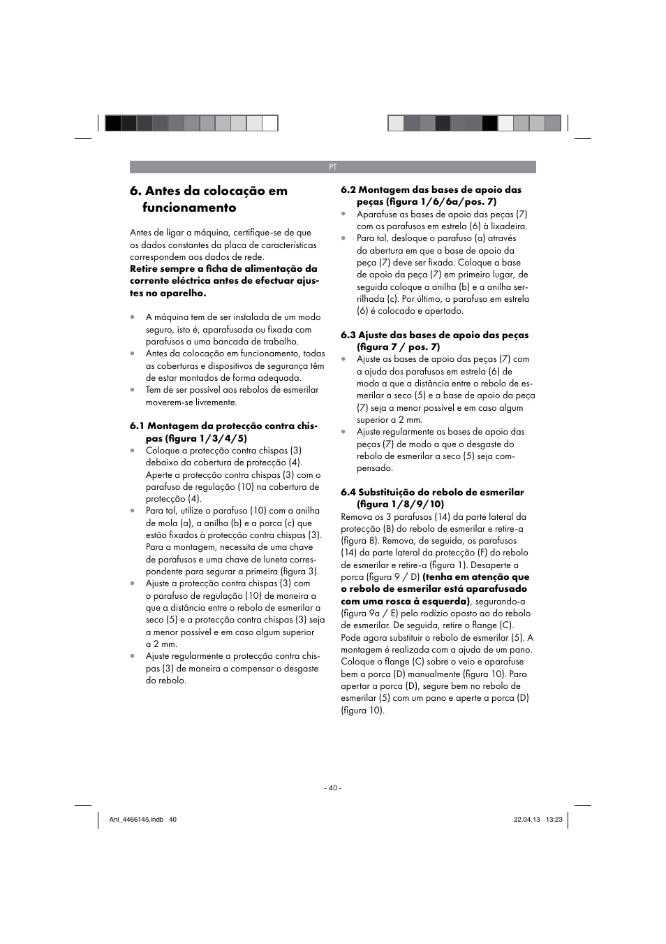 Antes da colocação em funcionamento | Parkside PSDS 240 A1 User Manual | Page 40 / 74