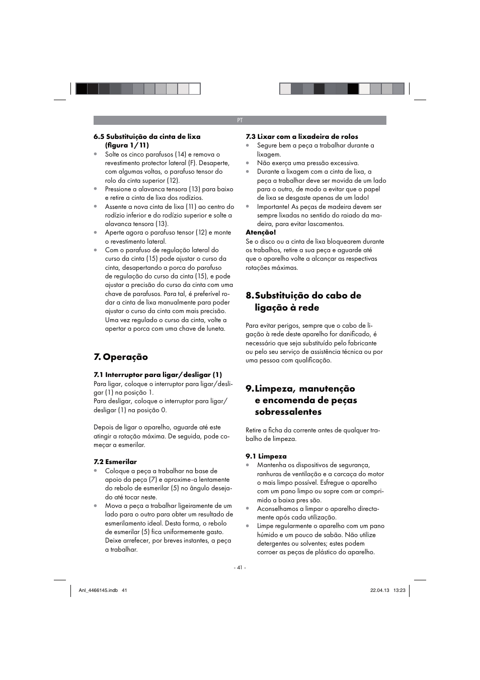 Operação, Substituição do cabo de ligação à rede | Parkside PSDS 240 A1 User Manual | Page 41 / 74