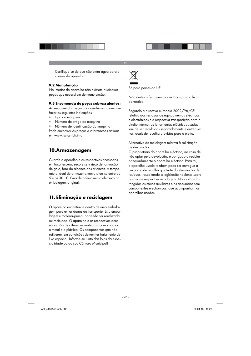 Armazenagem, Eliminação e reciclagem | Parkside PSDS 240 A1 User Manual | Page 42 / 74