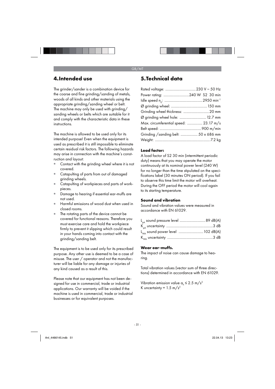 Intended use, Technical data | Parkside PSDS 240 A1 User Manual | Page 51 / 74