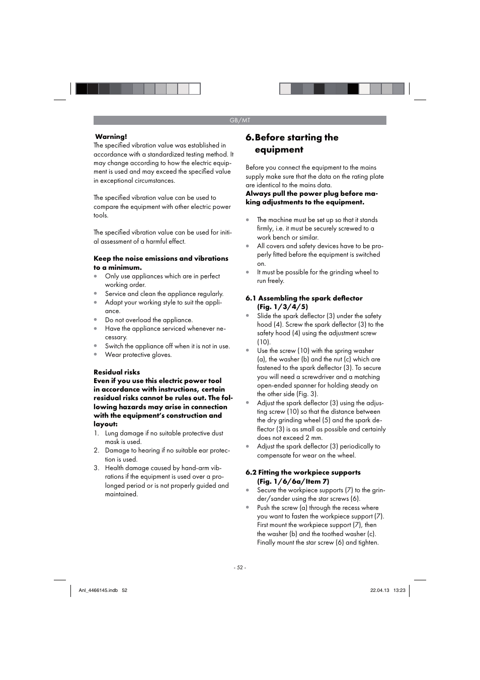 Before starting the equipment | Parkside PSDS 240 A1 User Manual | Page 52 / 74