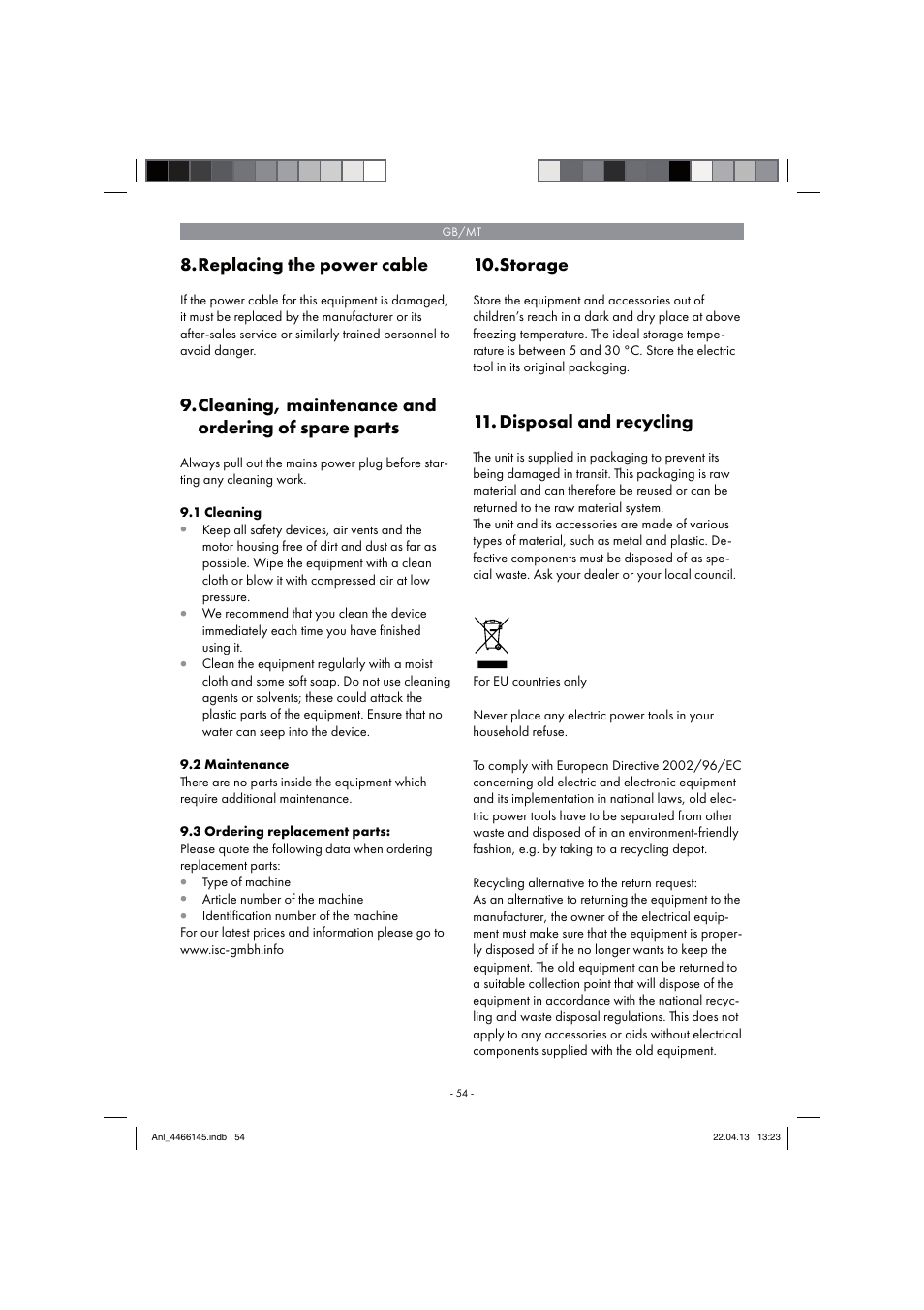 Replacing the power cable, Cleaning, maintenance and ordering of spare parts, Storage | Disposal and recycling | Parkside PSDS 240 A1 User Manual | Page 54 / 74