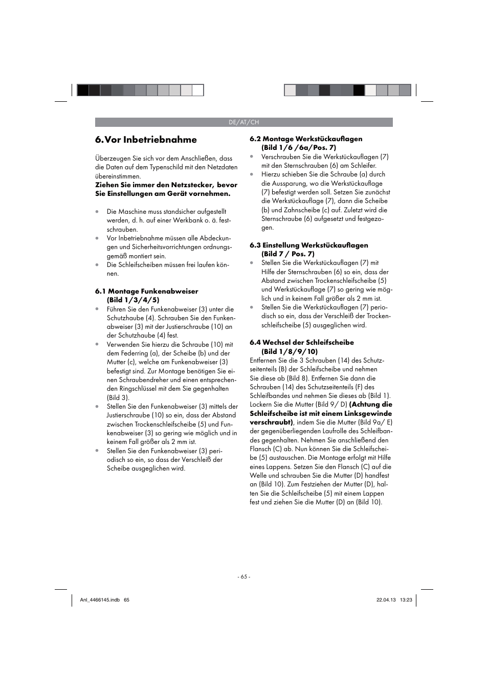 Vor inbetriebnahme | Parkside PSDS 240 A1 User Manual | Page 65 / 74