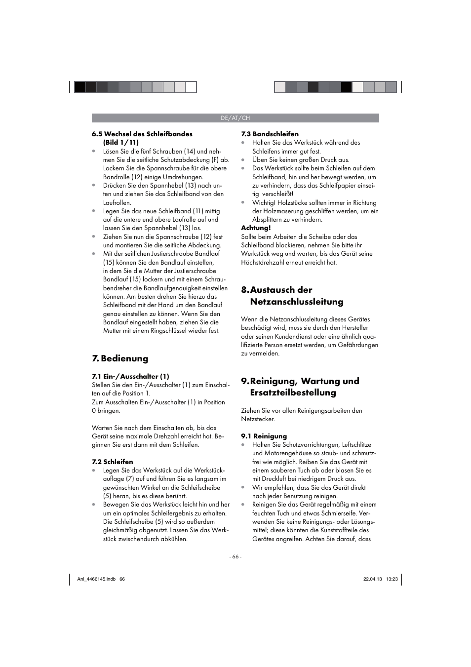 Bedienung, Austausch der netzanschlussleitung, Reinigung, wartung und ersatzteilbestellung | Parkside PSDS 240 A1 User Manual | Page 66 / 74