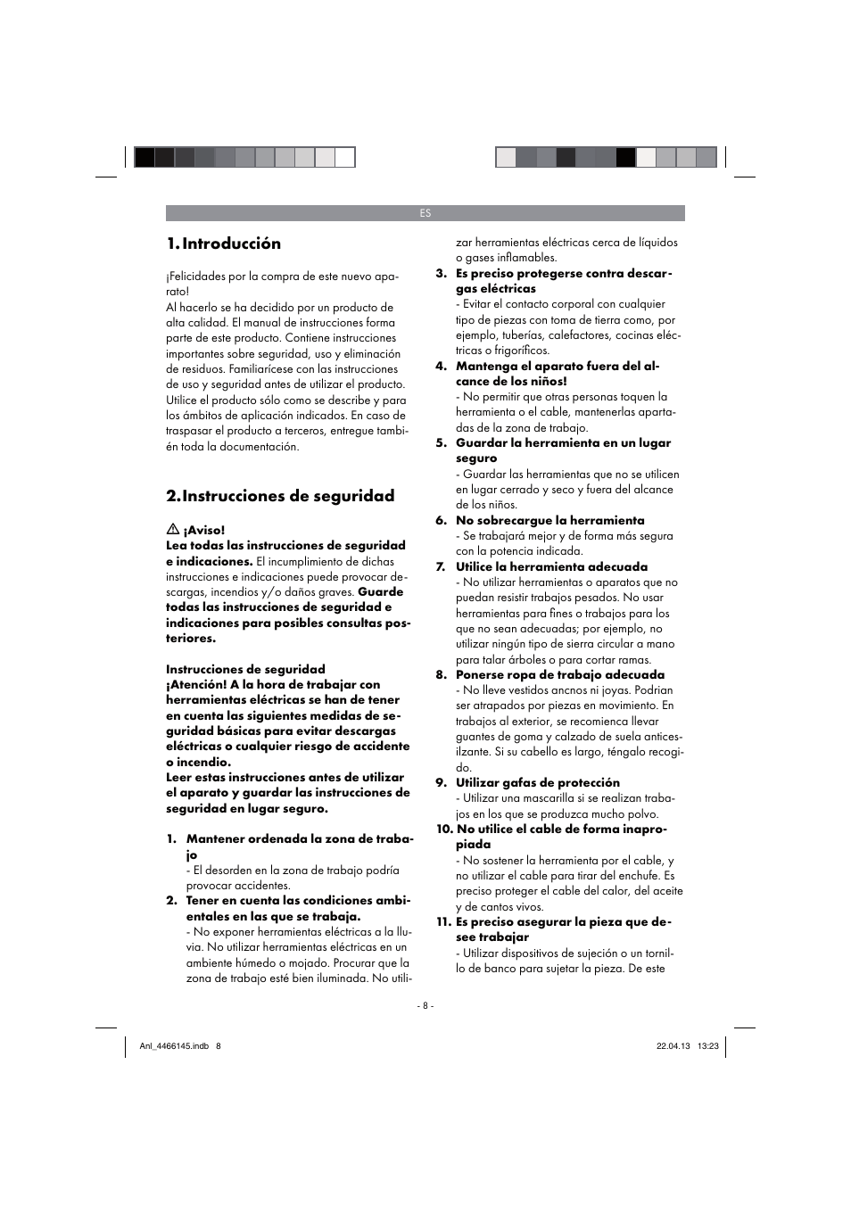 Introducción, Instrucciones de seguridad | Parkside PSDS 240 A1 User Manual | Page 8 / 74