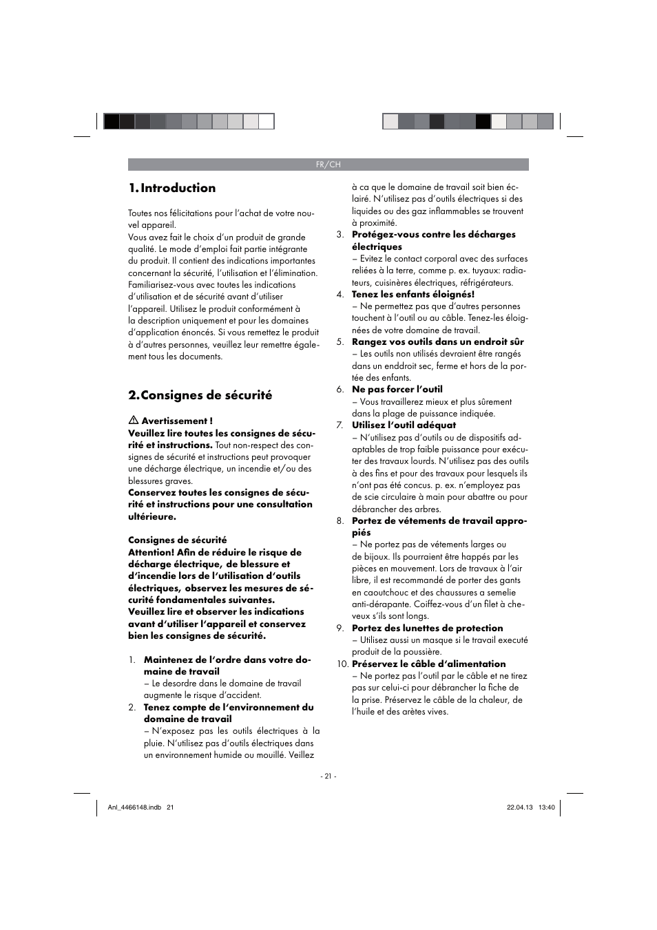 Introduction, Consignes de sécurité | Parkside PSDS 240 A1 User Manual | Page 21 / 58