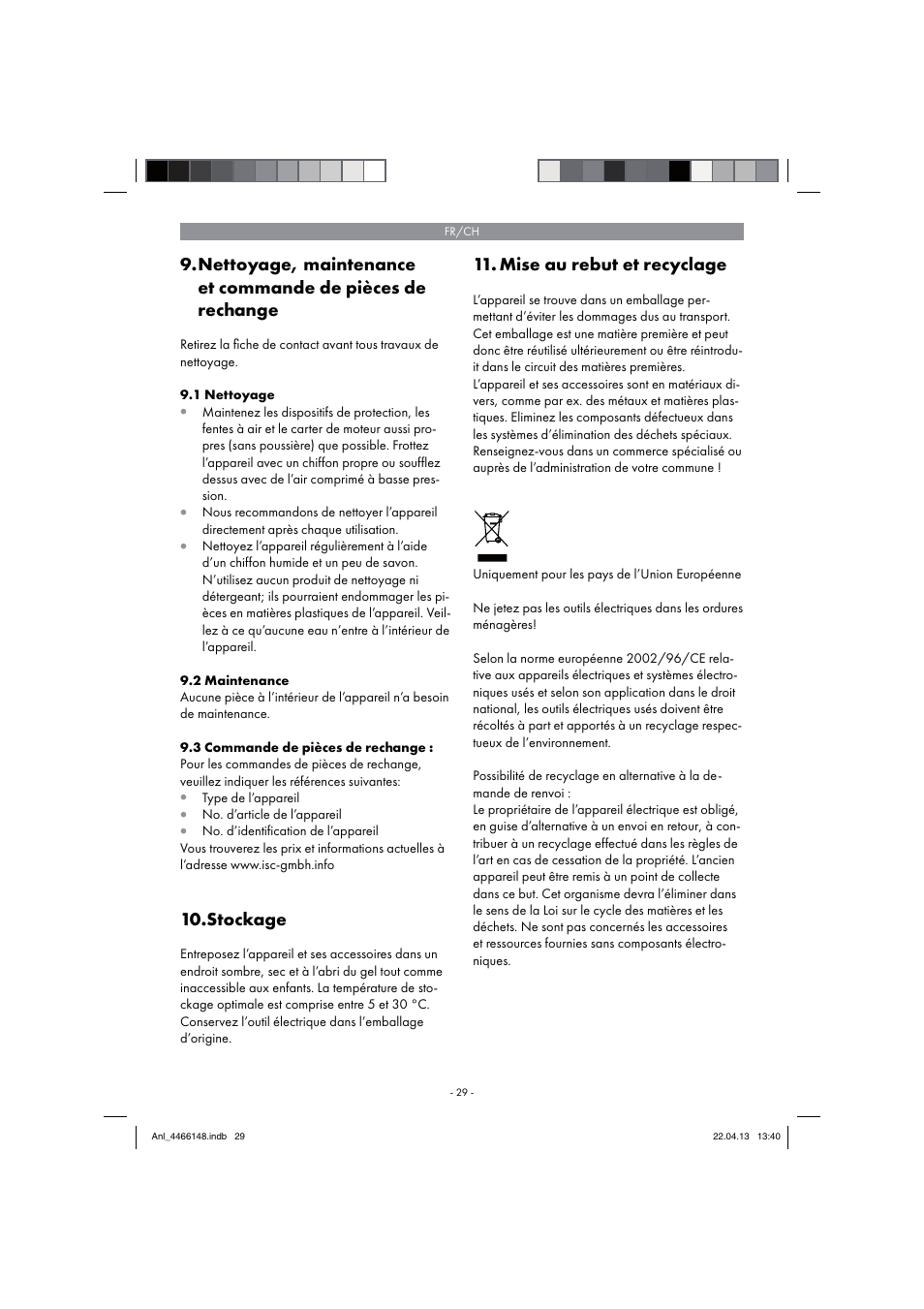 Stockage, Mise au rebut et recyclage | Parkside PSDS 240 A1 User Manual | Page 29 / 58