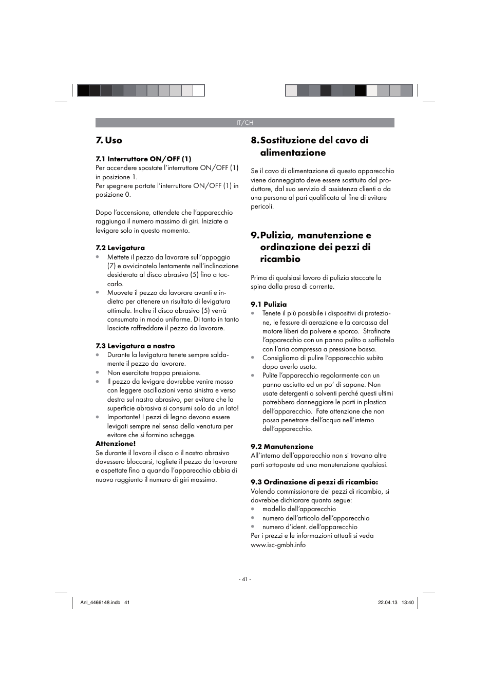 Sostituzione del cavo di alimentazione | Parkside PSDS 240 A1 User Manual | Page 41 / 58