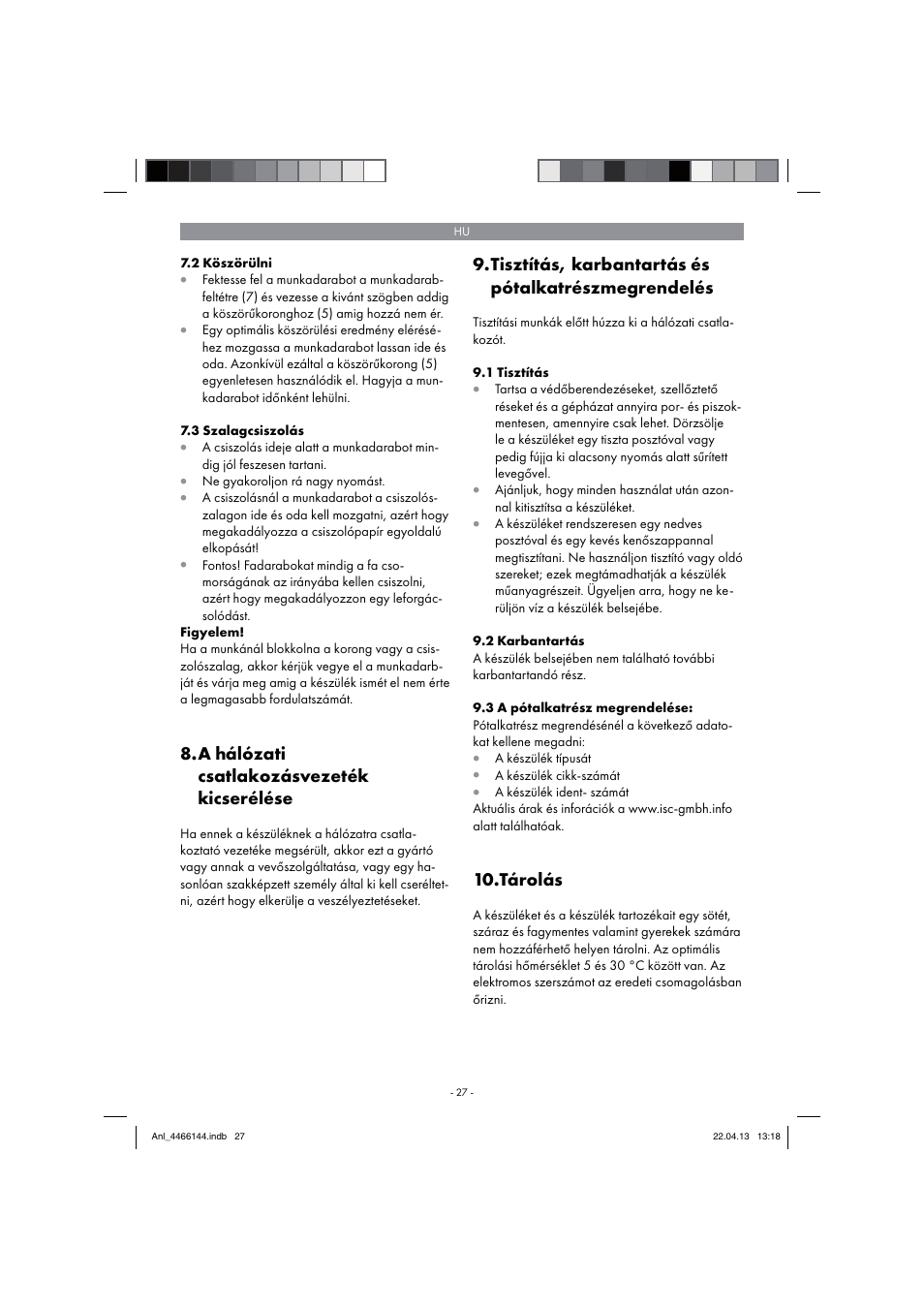 A hálózati csatlakozásvezeték kicserélése, Tisztítás, karbantartás és pótalkatrészmegrendelés, Tárolás | Parkside PSDS 240 A1 User Manual | Page 27 / 86