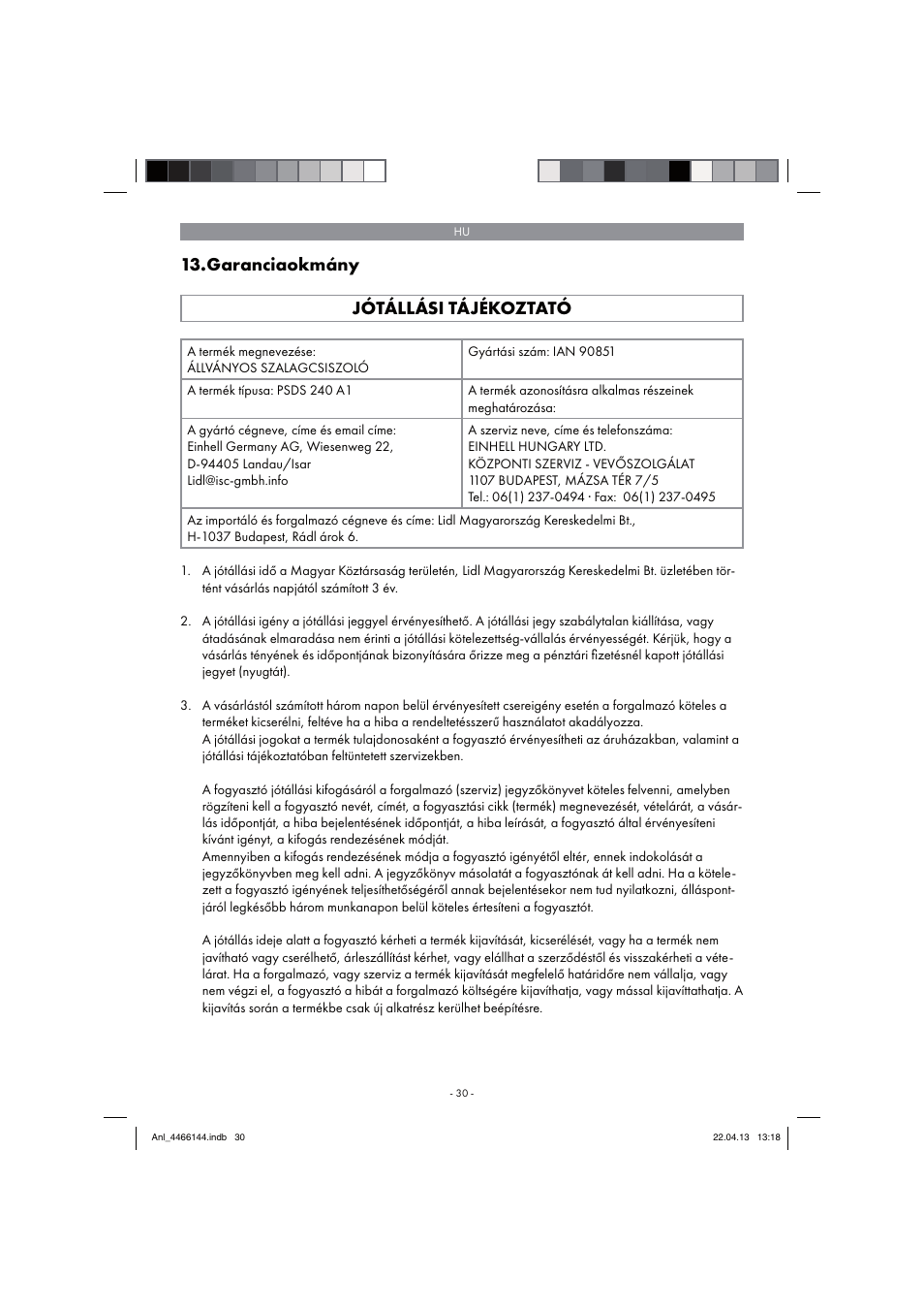 Garanciaokmány jótállási tájékoztató | Parkside PSDS 240 A1 User Manual | Page 30 / 86