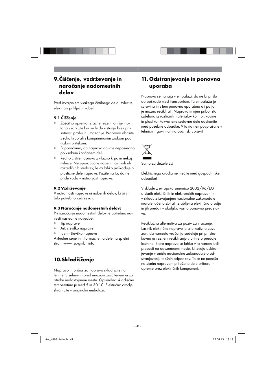 Skladiščenje, Odstranjevanje in ponovna uporaba | Parkside PSDS 240 A1 User Manual | Page 41 / 86