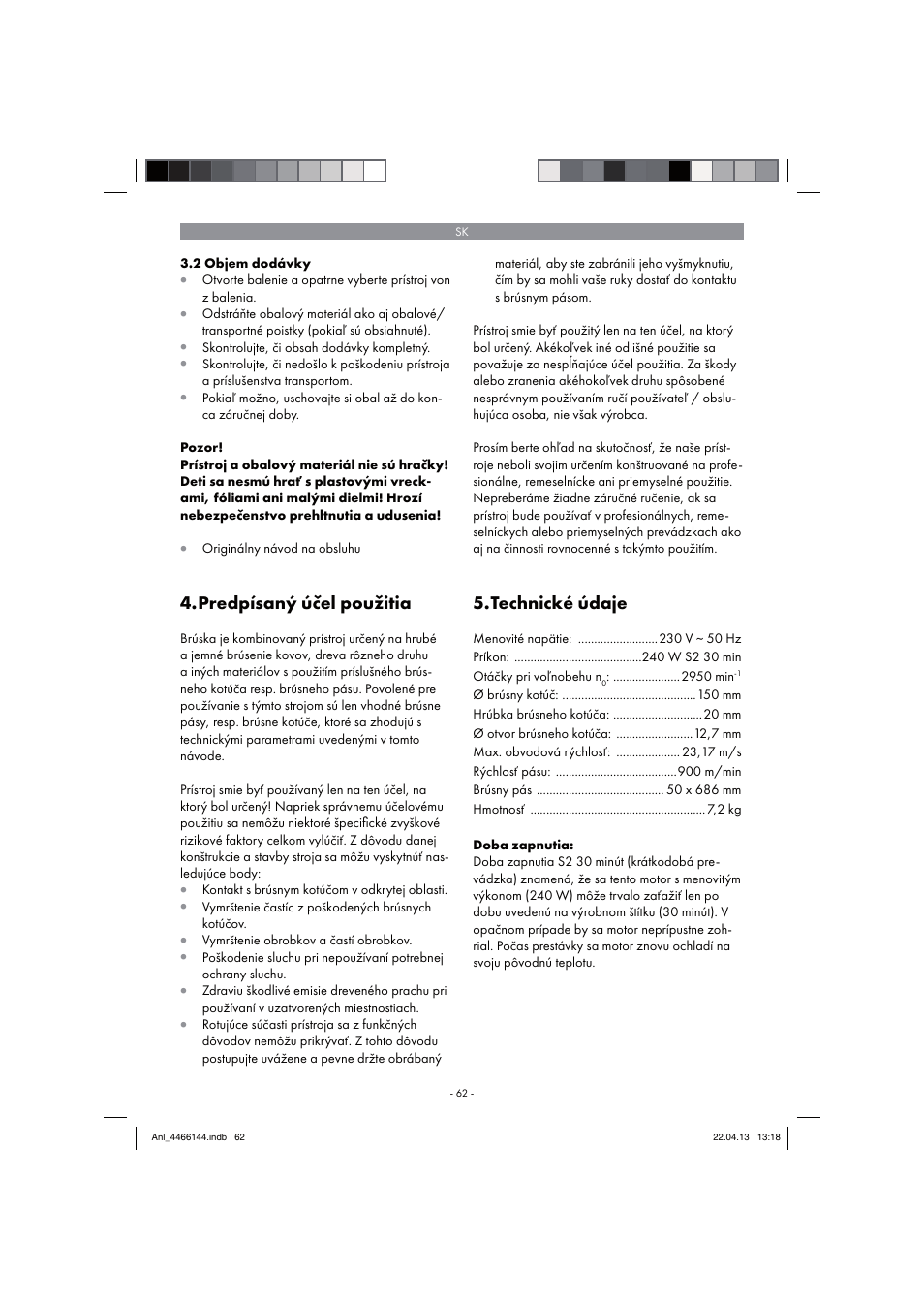 Predpísaný účel použitia, Technické údaje | Parkside PSDS 240 A1 User Manual | Page 62 / 86