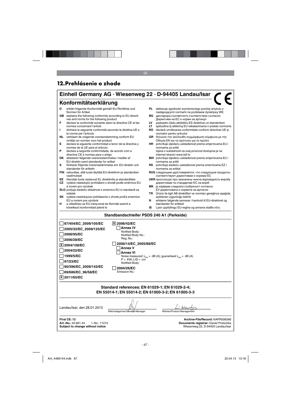 Prehlásenie o zhode, Konformitätserklärung | Parkside PSDS 240 A1 User Manual | Page 67 / 86