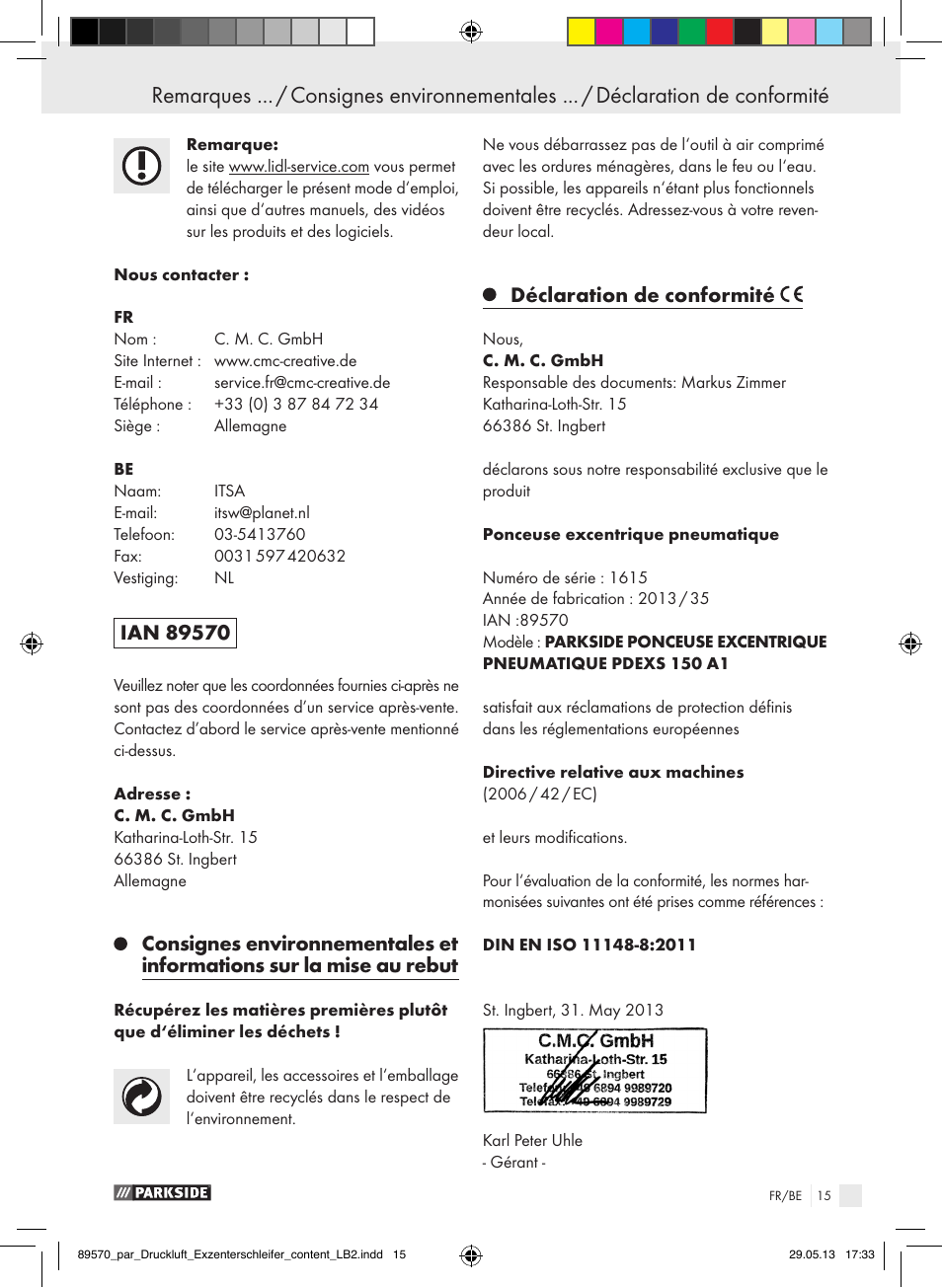 Déclaration de conformité | Parkside PDEXS 150 A1 User Manual | Page 15 / 51